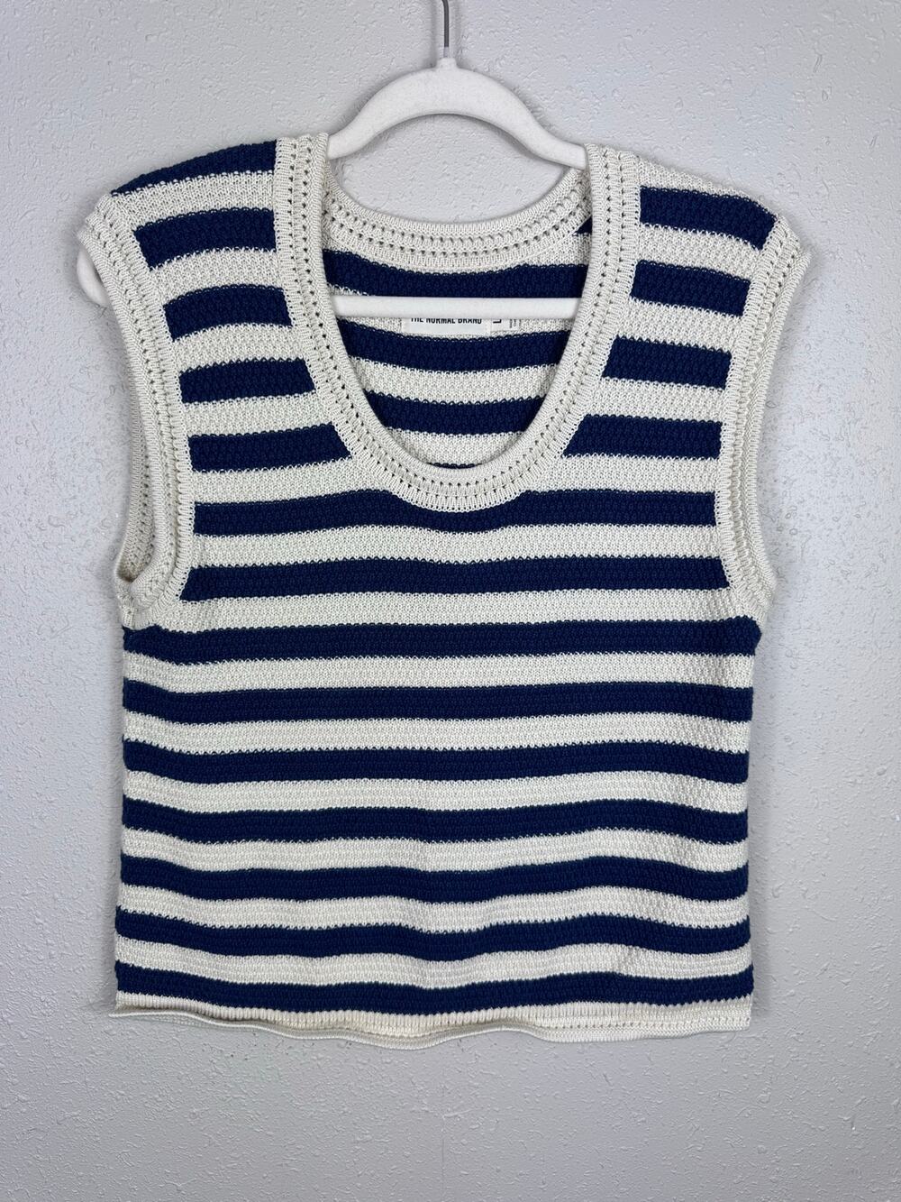 The Normal Brand Crocheted Blue And White Striped Vest Womens Size Large